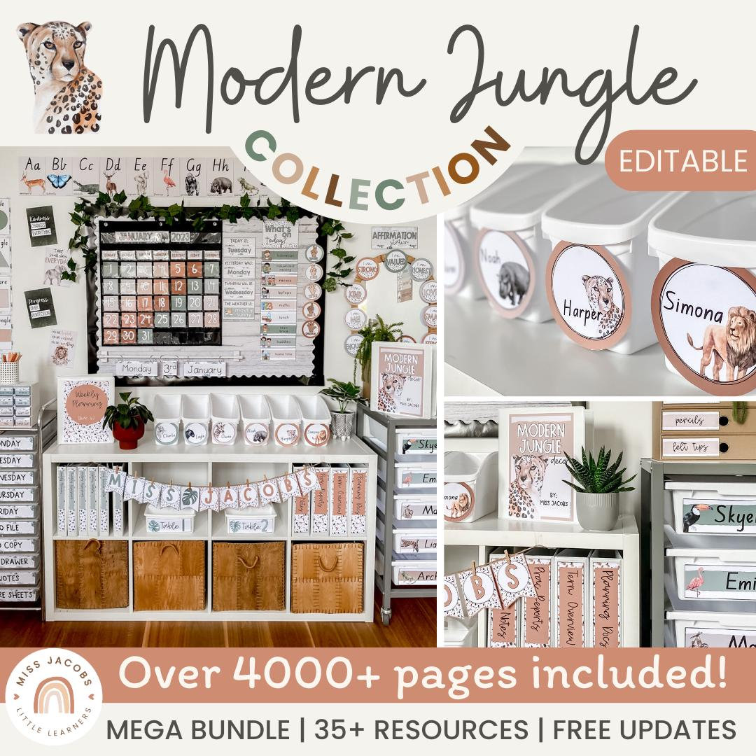 MODERN JUNGLE Classroom Decor Bundle - EDITABLE! Boho Jungle Vibes Decor