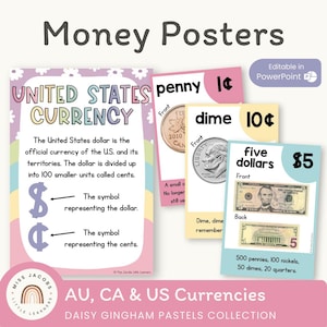 Money Posters Daisy Gingham Pastel, Printable Coin & Dollar Bill Anchor Charts, Editable USD AUD CAD Counting Value Math Wall Decor