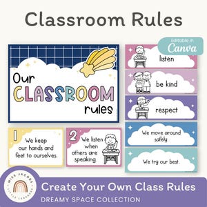 May include: A set of classroom rules posters with a dreamy space theme. The main poster reads "Our Classroom Rules" with a shooting star graphic. Additional posters include rules like "listen," "be kind," and "respect."