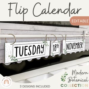 Calendrier à rabat quotidien, cartes jours-mois ans modifiables, ensemble de calendriers imprimables pour la classe, déco eucalyptus calme, thème botanique moderne