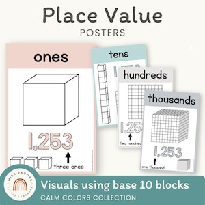 COLORES TRANQUILOS Pósteres de valor posicional / Pósteres de matemáticas / Decoración moderna de arcoíris para el aula