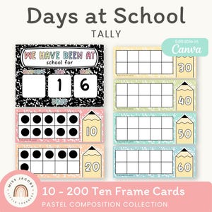 May include: Days at School Tally educational set featuring a black and white composition notebook pattern header with the text We Have Been At School For 16 Days, alongside multiple pastel-colored ten frame cards with pencil graphics.