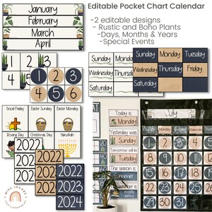 Editable Classroom Calendar | Boho Plants / Rustic Pocket Chart ...