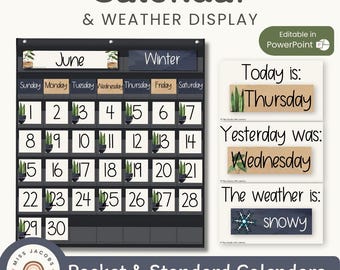 Editable Classroom Calendar | Boho Plants / Rustic Pocket Chart & Standard