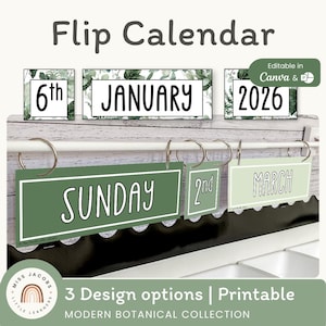 Daily Flip Calendar, Editable Days Months Years Cards, Printable Classroom Calendar Set, Calm Eucalyptus Decor, Modern Botanical Theme