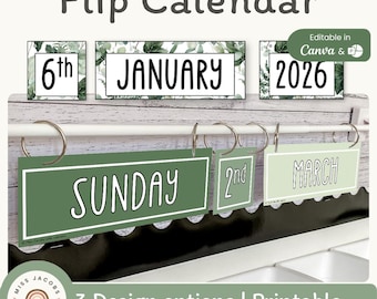 Daily Flip Calendar, Editable Days Months Years Cards, Printable Classroom Calendar Set, Calm Eucalyptus Decor, Modern Botanical Theme