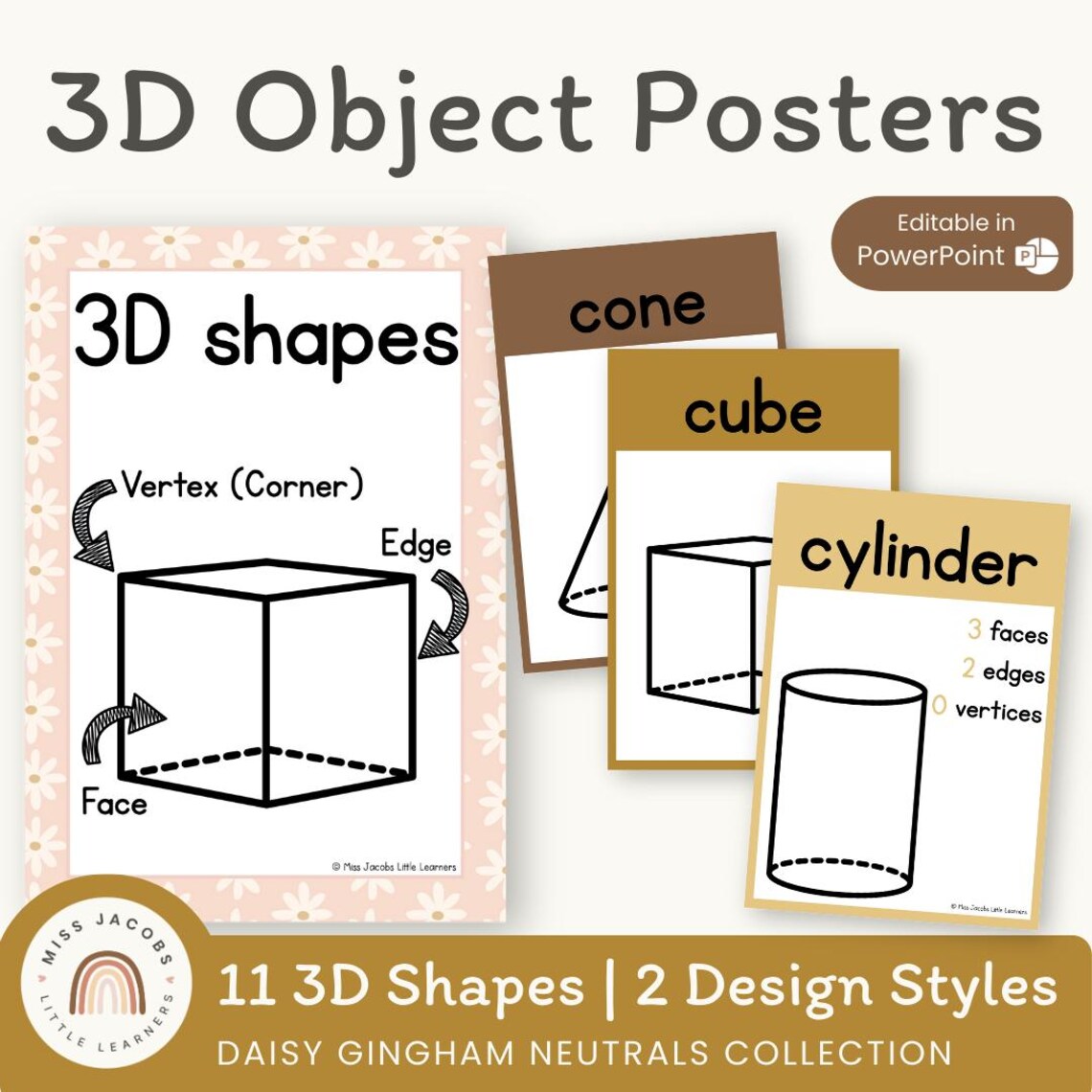 3D Shape Posters | Daisy Gingham Neutral Math Classroom Decor | 3D ...