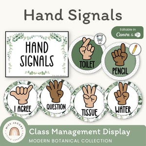 Botanical Hand Signals Posters for Classroom, Editable Visual Cues for Students, Behavior Management Tool, Calm Decor, Silent Signals Set