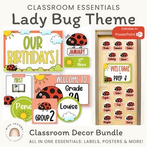 Spring Ladybug Classroom Decor Bundle, Editable Nature Theme Essentials, Printable Posters, Labels, Door Display, Slides & Birthday Board