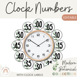 Clock Labels for Classroom, Minute Numbers & Time Phrases, Editable Telling Time Display, Modern Botanical Calm Eucalyptus Clock Decor