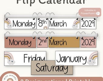 Flip Calendar | Boho Rainbow Neutral Themed Classroom Decor | Editable