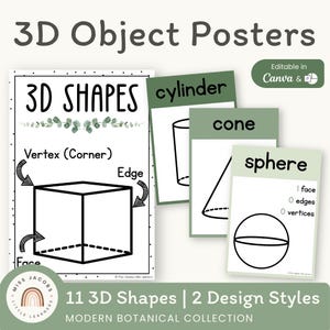 3D Shape Posters, Modern Botanical Classroom Theme, Printable & Editable 3D Object Geometric Shapes, Math Bulletin Board Decor