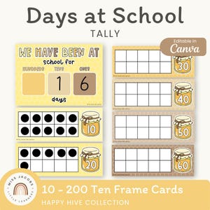May include: Days at School Tally educational set featuring a yellow and brown color scheme. Includes a place value chart for hundreds, tens, and ones, plus ten frame cards with honey jar illustrations labeled with numbers 10 through 60.