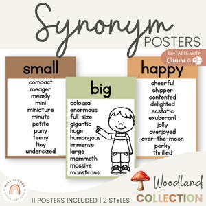 Woodland Synonym Posters, Printable Thesaurus Word Charts Writing Center, Neutral Palette ELA Wall Decor, Editable Vocabulary Anchor Charts