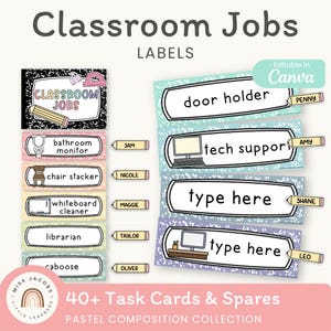 May include: A set of printable classroom job labels featuring pastel composition notebook patterns. The labels include text such as door holder, tech support, bathroom monitor, chair stacker, whiteboard cleaner, librarian, and caboose, with editable name tags shaped like yellow pencils.