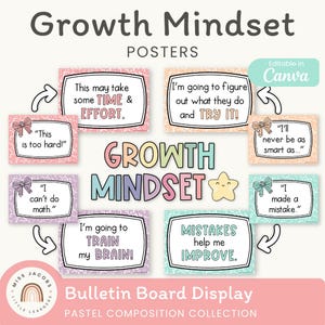 May include: A set of Growth Mindset posters featuring pastel composition notebook patterns and bows. The text includes phrases like This may take some time & effort, I'm going to figure out what they do and try it, and Mistakes help me improve.