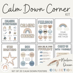 Calm Down Corner Kit, Social Emotional Calm Down Posters, Self Regulation Emotions Chart, Modern Ocean Breathing Exercises Kids Activities