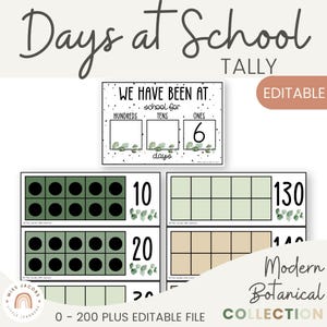 Tage in der Schule Display, 100 Tage Tally Chart für Klassenzimmer, bearbeitbare Ten Frame Count, ruhiges modernes botanisches Math-Dekor, Stellenwertposter