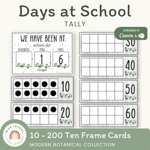 Days in School Display, 100 Days Tally Chart for Classroom, Editable Ten Frame Count, Calm Modern Botanical Math Decor, Place Value Poster