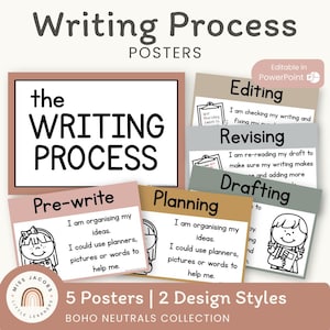 Pôsteres neutros sobre o processo de escrita | Paleta de cores boho | Decoração neutra para sala de aula