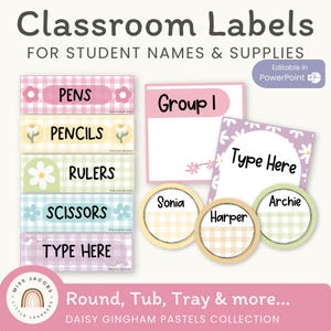 Paquete de etiquetas para útiles escolares y etiquetas con nombres de estudiantes / Decoración para el aula con cuadros vichy pastel / Editable
