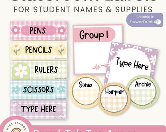 Classroom Supply Labels & Student Name Tags Bundle | Daisy Gingham Pastel Classroom Decor | Editable