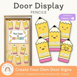 Potloden deurdisplay schattig klasdecor, terug naar school thema bewerkbare studentennamen, afdrukbare compositieboek klasdeurbord