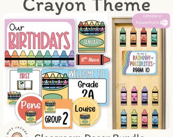 Back to School Crayon Theme Classroom Decor Essentials Pack, Editable Teacher Essentials Decor Set of 5, Printable Posters & Displays Bundle