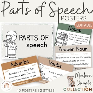 Cartazes de partes terrosas do discurso, tabelas de ancoragem gramatical, decoração de sala de aula de ELA para impressão, cartazes editáveis de inglês moderno da selva