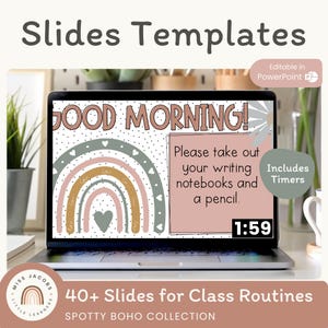 Spotty Boho Google Slides With Timers, Editable Classroom Daily Agenda, Neutral PowerPoint Digital Morning Meeting Slides, Teacher Templates
