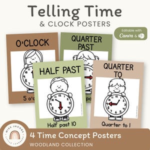 Woodland Telling Time Posters, Neutral Printable Learner Analog Clock Anchor Charts, Classroom Wall, Editable Time Display, Cozy Math Decor