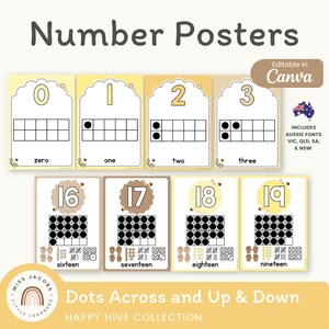 May include: A set of educational number posters featuring the text Number Posters, Editable in Canva, and Happy Hive Collection. The cards display numbers 0 through 3 and 16 through 19 with ten frames, tally marks, dice, and hand counting icons.