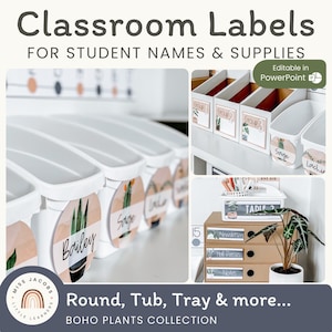 Etichette per forniture scolastiche e nomi degli studenti con piante boho moderne / modificabili