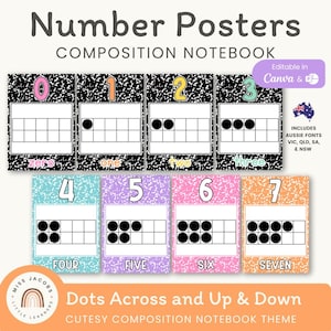 Cutesy Number Posters for Classroom, Composition Notebook Theme Printable 0 to 20 - 100 Number Posters for Kids, Bright Decor for Math Wall