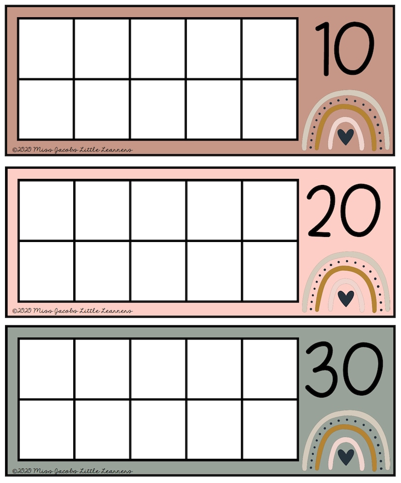 May include: Three printable ten-frame cards with a rainbow design. The cards are labeled 10, 20, and 30. Each card has a ten-frame grid with ten squares.