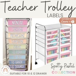Teacher Trolley Labels | 10 Drawer Cart Labels | SPOTTY PASTELS | Editable