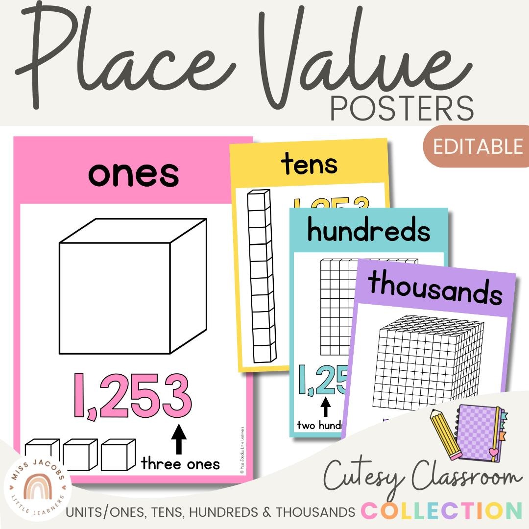 Cutesy Place Value Posters, Printable Place Value Chart, Math Bulletin ...