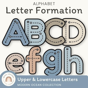 May include: Educational poster titled Alphabet Letter Formation featuring uppercase A, B, C, D and lowercase e, f, g, h in muted blue and beige tones. Each letter includes numbered arrows and dashed lines indicating the correct stroke order for writing.