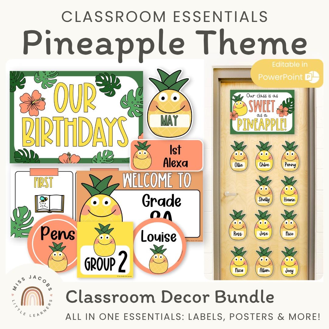 Bright Pineapple Classroom Decor Bundle, Set of 5 Printable Tropical ...