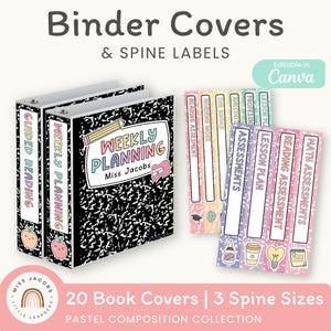 May include: Binder covers and spine labels featuring a black and white composition notebook pattern with pastel accents. The text reads Binder Covers & Spine Labels, Weekly Planning, Miss Jacobs, Guided Reading, and various assessment titles.