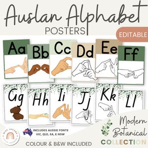 Auslan Alphabet Posters, Modern Botanical A–Z Hand Signal Wall Set, Aussie Fonts, Printable Eucalyptus Classroom Decor, Alphabet Display