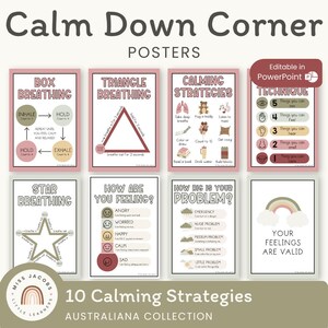 Calm Down Corner Kit, Australiana Calming Corner Posters, Emotional Regulation Feelings Chart Calming Strategies, Printable Kids Classroom