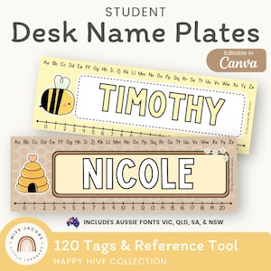 May include: Two rectangular student desk name plates with a bee theme. The top plate is yellow with a bee graphic, the name TIMOTHY, an alphabet strip, and a 0-10 number line. The bottom plate is tan with a beehive, the name NICOLE, and a 0-20 number line.