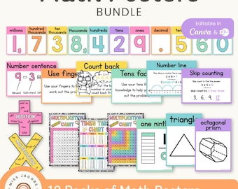 CUTESY Math Posters Bundle Set of 18 Numeracy Educational Posters, Bright Math Classroom Decor, Editable Math Anchor Charts Printable