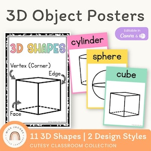 かわいい3Dシェイプポスター、明るくカラフルな教室用シェイプディスプレイ、印刷可能で編集可能な3D幾何学シェイプ、数学掲示板の装飾