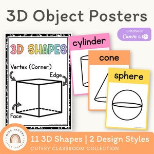 Cutesy 3D Shape Posters, Bright Colorful Classroom Shapes Display, Printable & Editable 3D Geometric Shapes, Math Bulletin Board Decor