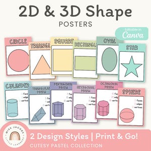 Posters pastel mignons de forme 2D et 3D, décoration imprimable de mur de maths ou de tableau d'affichage, thème modifiable de cahier de composition de diagrammes d'ancre de géométrie