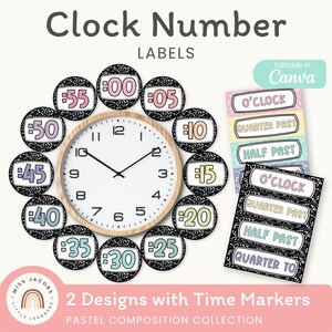 May include: Clock number labels featuring a circular analog clock with a light wood frame surrounded by black and white speckled circular markers displaying minutes from :00 to :55 in pastel colors. Includes rectangular labels with text O'CLOCK, QUARTER PAST, HALF PAST, and QUARTER TO.