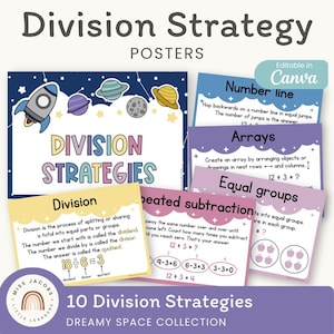 Division Strategies Posters Dreamy Space Theme: Classroom Display Anchor Charts (Printable & Editable)