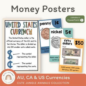 Money Posters Cute Jungle Animals, Printable Coin & Dollar Bill Value Charts, Counting Math Anchor Charts, Editable USD AUD CAD Decor